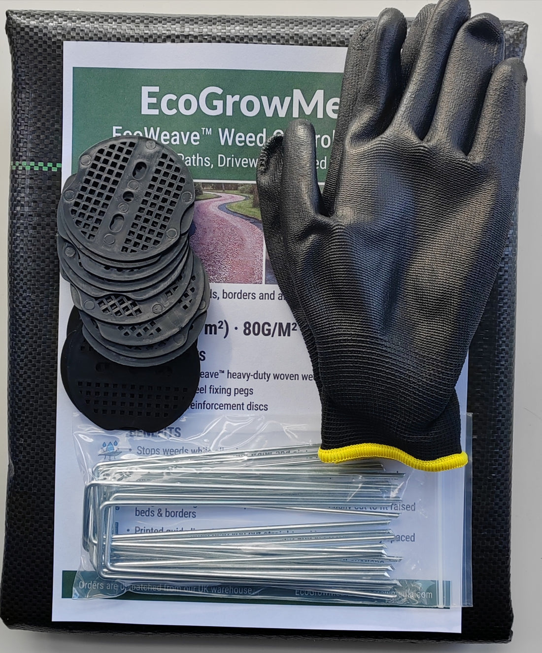 Heavy Duty Weed Control Fabric 80gsm - 1×10M – Complete Ground-Cover Kit with 14 Pegs & 14 Discs